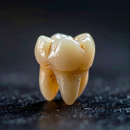 A detailed, close-up view of a human molar tooth, showcasing its complex anatomy from the crown to the roots. Set against a dark, textured surface, this image highlights the natural structure and form, serving as a powerful visual for concepts in dentistry, oral health, human biology, and anatomical study.の素材