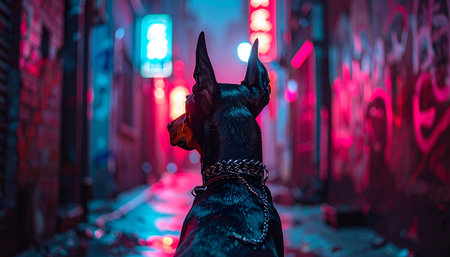 A loyal Doberman stands guard in a gritty, rain-slicked alley, its silhouette defined by the vibrant glow of cyberpunk neon signs. This powerful image captures a sense of futuristic mystery, protection, and urban vigilance in a dystopian world.の素材