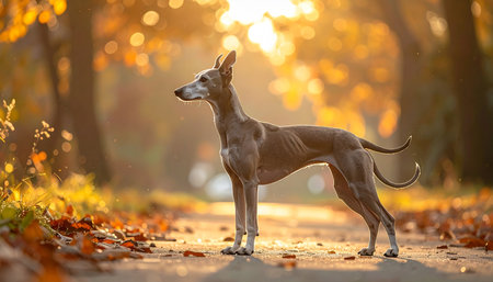 A majestic greyhound stands poised and elegant on a path strewn with fallen leaves. Bathed in the warm, golden light of a setting sun, the serene autumn park creates a tranquil and beautiful backdrop for this graceful canine moment.の素材