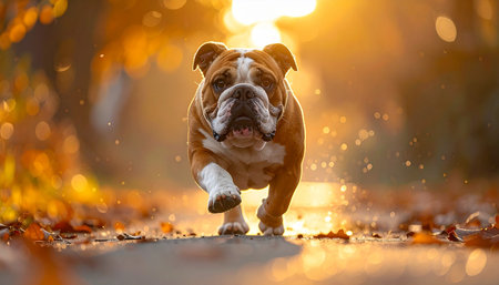 An adorable English Bulldog enjoys a brisk run through a park during a stunning autumn sunset. The golden light illuminates the fallen leaves, creating a warm and heartwarming scene of pure canine joy and energy.の素材