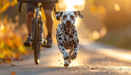 A happy Dalmatian dog joyfully runs alongside its owner on a bicycle during a beautiful golden hour sunset. This image captures the essence of an active lifestyle, companionship, and the pure bliss of outdoor exercise with a beloved pet.の素材