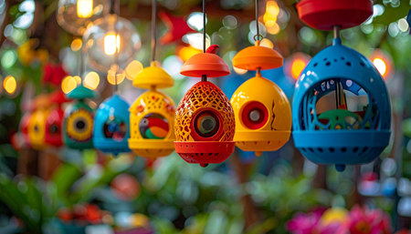 A vibrant collection of handcrafted, colorful bird feeders hangs in a cheerful row, their bright hues creating a festive atmosphere. Each unique piece, with its intricate patterns, waits to bring life and color to a garden, promising a delightful haven for birds.の素材
