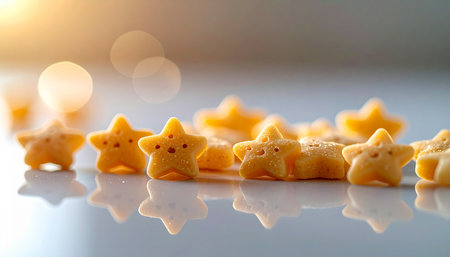 A cheerful team of star-shaped crackers with adorable faces stands together, basking in the warm glow of a golden sunrise. Their reflections on the glossy surface create a sense of unity and achievement, perfect for concepts of success, teamwork, and celebration.の素材