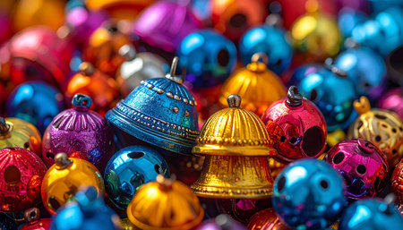 A vibrant cascade of colorful jingle bells creates a festive symphony of sight and sound. Each shiny ornament reflects the joyful anticipation of the holiday season, ready to add a cheerful ring to any celebration.の素材