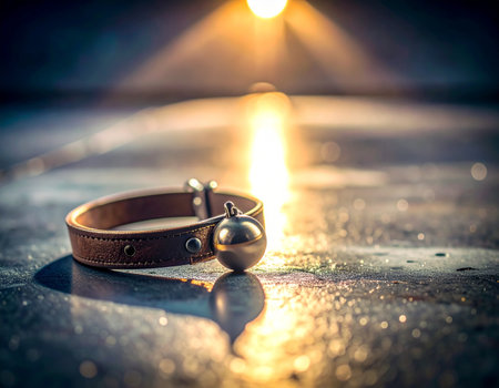 A single pet collar with a small bell rests on a wet, reflective surface, illuminated by a solitary, warm spotlight from above. The poignant scene evokes a sense of loss, memory, and the quiet grief of a missing companion, telling a silent story of love and remembrance.の素材