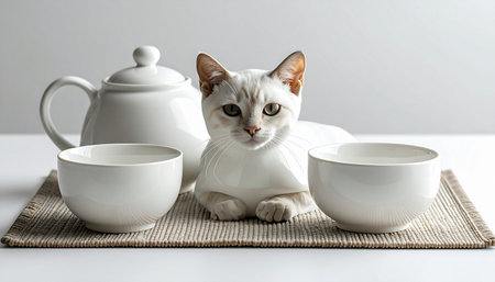 In a moment of pure tranquility, an elegant cat sits patiently between a white ceramic teapot and bowls, as if presiding over a minimalist tea ceremony. This serene and slightly whimsical scene captures a sense of peace, mindfulness, and the quiet joys of domestic life.の素材