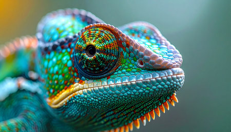 A stunning macro photograph captures the intricate details of a chameleons head. Its skin is a vibrant tapestry of iridescent colors, showcasing natures artistry. The creatures large, focused eye seems to hold ancient wisdom, a symbol of adaptation, perception, and the quiet beauty of the wild.の素材