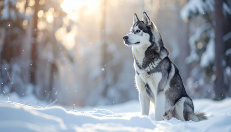 A majestic Siberian Husky sits patiently in the deep, fresh snow of a tranquil winter forest. Bathed in the warm, golden glow of a low sun, the scene evokes a sense of peace, wild beauty, and quiet contemplation amidst the cold.の素材