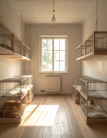 In a forgotten aviary, warm light from a window falls across the wooden floor, casting shadows from the many empty cages that line the walls. A powerful metaphor for freedom, memory, or the concept of an empty nest.の素材