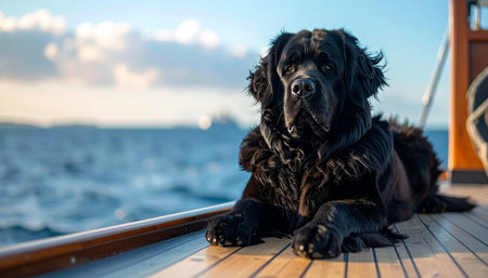 A majestic black Newfoundland dog lies peacefully on the warm wooden deck of a yacht, its calm gaze fixed on the expansive sea. This loyal companion enjoys a serene moment during a sea voyage, embodying a sense of tranquil adventure and the quiet joy of travel.の素材
