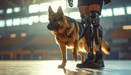 In the golden light of a vast hall, a loyal German Shepherd stands faithfully beside its human partner, whose advanced bionic legs signify a story of incredible resilience and technological triumph. Together, they represent an unbreakable bond and a future of limitless possibilities.の素材