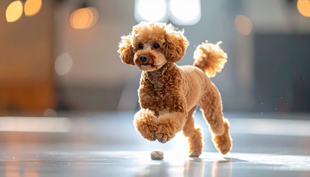 A beautifully groomed brown toy poodle struts gracefully across a shiny, reflective floor. With a happy expression and a stylish haircut, this elegant companion animal embodies a life of luxury, care, and joyful companionship, captured in a brightly lit indoor setting with a soft, warm bokeh background.の素材
