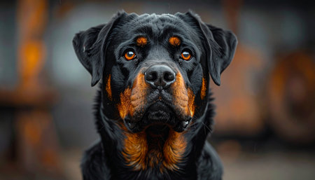 A stunning close-up portrait of a noble Rottweiler, its intense, amber eyes looking directly forward. The dogs powerful and calm demeanor conveys a sense of unwavering loyalty, protection, and quiet confidence. This image captures the essence of a faithful guardian and devoted companion.の素材