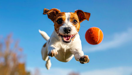 An energetic Jack Russell Terrier is captured in a moment of pure joy, suspended in mid-air against a brilliant blue sky. With an ecstatic expression, it leaps with impressive agility to catch a bright orange ball, embodying the spirit of playful freedom and outdoor fun.の素材