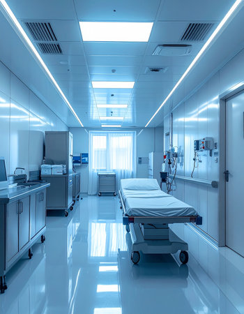 In the quiet stillness of a state-of-the-art hospital room, advanced medical technology stands ready. The sterile, blue-toned environment reflects a commitment to precision and care, awaiting the moment its needed to save a life or aid in recovery.の素材
