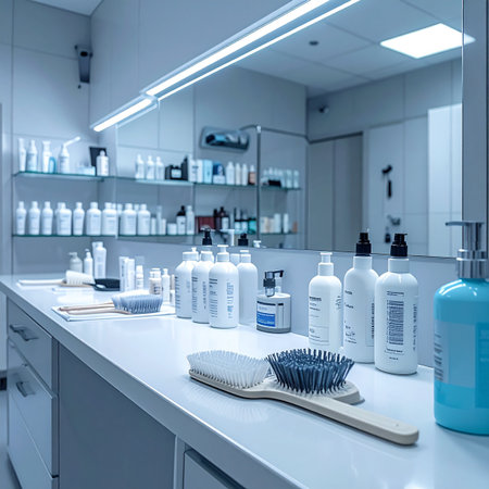 An impeccably organized counter in a modern hair salon or clinic, showcasing a range of professional haircare products. The cool, clean lighting and minimalist design create a sense of calm, expertise, and professional wellness, ready for the next clients transformation.の素材