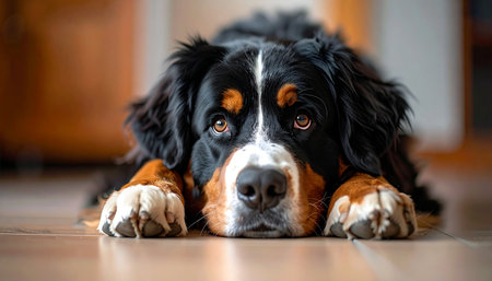 A beautiful Bernese Mountain Dog lies peacefully on the warm wooden floor of a home. With soulful, gentle eyes looking directly at the viewer, this loyal companion embodies a sense of calm, quiet contentment, and the deep bond between humans and their pets.の素材