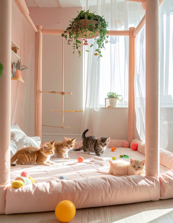 In a sun-drenched room, a litter of adorable tabby kittens discovers a world of fun within their cozy pink playpen. Bathed in soft, natural light, they pounce and explore together, embodying the pure joy and innocent curiosity of new life.の素材