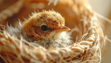 Tucked safely within the warmth of its woven home, a tiny newborn chick peeks out, waiting patiently for its mothers return. This image captures the delicate and hopeful beginning of a new life in the wild.の素材