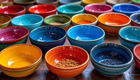 A vibrant collection of handcrafted ceramic bowls, each with its own unique color and texture, sits on display. This colorful assortment evokes the lively atmosphere of an artisan market or a kitchen filled with culinary possibilities.の素材