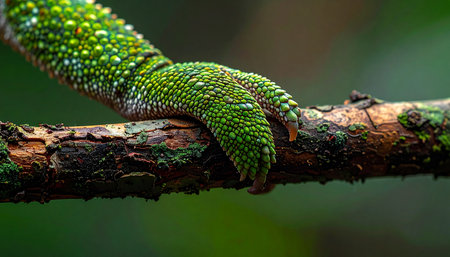 Deep within the lush rainforest, a vibrant green chameleon maintains a steady, patient grip on its perch. This close-up reveals the intricate scales and powerful hold, a testament to survival and connection with nature.の素材
