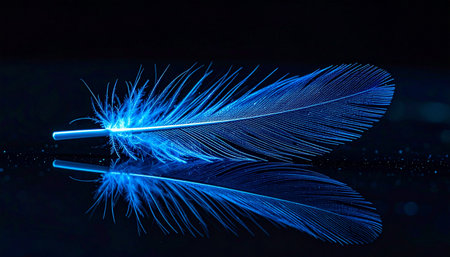 A single, delicate feather radiates an ethereal blue light, casting a perfect reflection on a dark, mirrored surface. This minimalist image evokes a sense of mystery, tranquility, and futuristic magic, symbolizing lightness, inspiration, and the beauty of the unknown.の素材