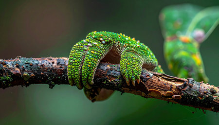 A macro photograph captures the incredible detail and strength in a vibrant green chameleons claw as it grips firmly onto a weathered tree branch. The image highlights the intricate texture of the scales and the power of natures design, symbolizing tenacity and a deep connection to the wild environment.の素材