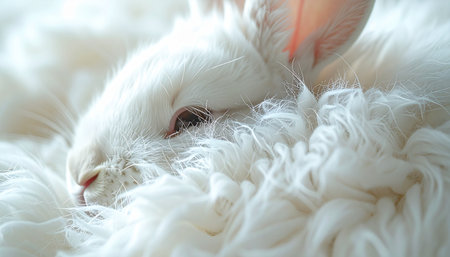 A tiny newborn chick, a ball of pure white fluff, is lost in a deep and peaceful slumber. Nestled securely within its own soft, downy feathers, it represents the quiet and gentle beginning of a new life, a moment of pure tranquility and innocence.の素材