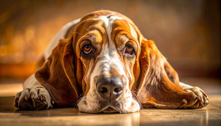 A Basset Hound rests its head on a cool, reflective floor, its soulful, droopy eyes gazing forward with a look of gentle melancholy and quiet contemplation. This intimate portrait captures a moment of peaceful solitude and the deep, unspoken loyalty of a beloved companion.の素材