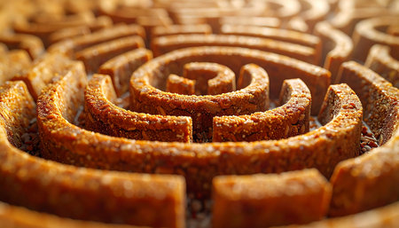A close-up, macro view of a rustic, circular labyrinth with a shallow depth of field. The intricate, textured pathways represent a complex journey, symbolizing challenges, strategic thinking, and the search for a solution or a clear path forward.の素材