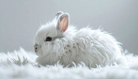 A tiny, fluffy white baby rabbit rests peacefully on a soft, plush surface. Its delicate features and pure white fur evoke a sense of innocence, gentleness, and new beginnings. This charming portrait captures a moment of quiet serenity.の素材