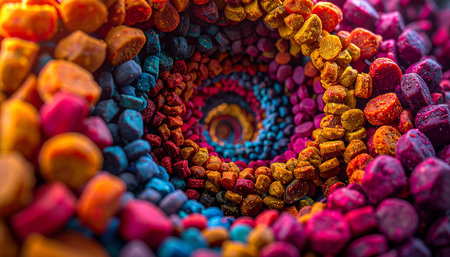 A mesmerizing journey into a swirling vortex of vibrant, rainbow-colored pebbles. This abstract macro shot captures a dynamic sense of motion and infinite possibility, perfect for concepts of creativity, energy, and complex systems.の素材