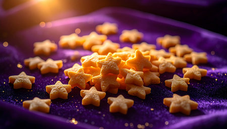 A pile of golden, star-shaped crackers rests on a luxurious purple velvet cloth, illuminated by a warm, magical glow. Tiny specks of glitter add to the enchanting, celestial atmosphere, perfect for a festive or whimsical occasion.の素材