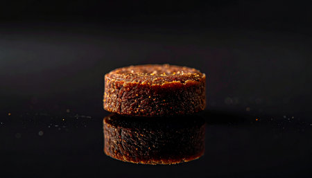 A single, exquisitely crafted gourmet tart stands as a work of art against a stark black background. Its perfect reflection on the glossy surface enhances the sense of minimalist luxury and culinary perfection, inviting a moment of quiet indulgence.の素材