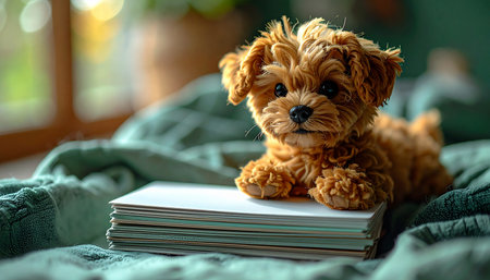 A tiny, fluffy teddy bear puppy enjoys a quiet morning, resting its paws on a small book. Bathed in soft, natural light, this adorable scene on a cozy green blanket evokes feelings of comfort, innocence, and peaceful companionship at home.の素材