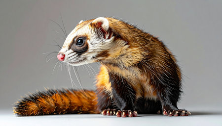 With a curious glance over its shoulder, this charming masked ferret pauses for a moment in the studio. Its intelligent eyes and alert posture capture a personality full of mischief and playful energy, making it a perfect character for projects related to pets, nature, or unique companionship.の素材