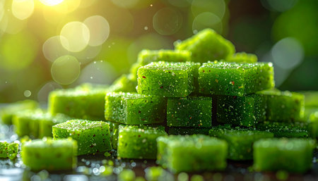 A delightful stack of handcrafted green jelly candies glistens in the warm morning sun. Each sugary cube catches the light, promising a burst of fresh, sweet flavor. Set against a soft-focus garden backdrop, this image captures a moment of pure, simple indulgence and natural sweetness.の素材