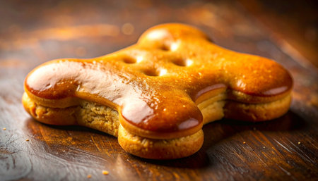 Fresh from the oven, this uniquely shaped artisanal bread rests on a dark wooden table. Its golden-brown, glazed crust promises a warm, comforting, and delicious experience, perfect for a festive occasion or a gourmet treat.の素材