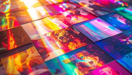 A cascade of prismatic light washes over a collection of cherished photographs, transforming memories into a vibrant, dreamlike tapestry. Each image, touched by the rainbow spectrum, tells a new story of imagination, creativity, and the surreal beauty found in refracted light.の素材