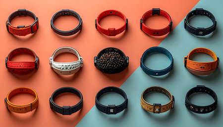 An organized flat lay showcases a diverse collection of modern wristbands, each with a unique style and color. From sleek fitness trackers to vibrant woven bands, this assortment represents choice and personalization in wearable technology and fashion.の素材