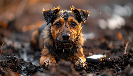 A small, scruffy terrier with soulful eyes takes a rest on the muddy forest floor after a day of adventure. Its curious gaze connects directly with the viewer, telling a story of loyalty and untamed spirit in a warm, rustic autumn setting.の素材