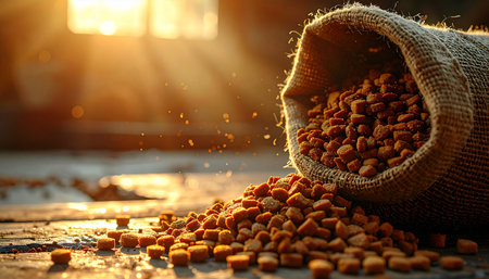 In the warm glow of the morning sun, a burlap sack has tipped over, spilling a cascade of nutritious pet kibble across a rustic wooden floor. The sunbeams highlight the wholesome quality of the food, creating a scene of natural abundance and care.の素材