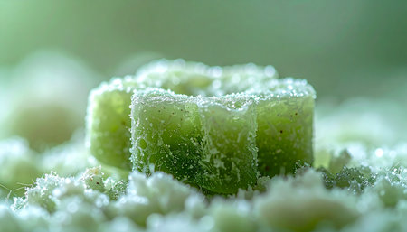 A close-up view reveals a cluster of vibrant green gummy candies, each piece generously dusted with sparkling sugar crystals. The soft, diffused light highlights their delicate texture, creating a tempting and indulgent sweet treat.の素材