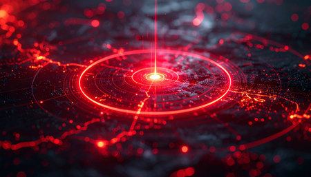 A powerful red laser beam erupts from the epicenter of a vast digital network, sending pulsating waves of information across a dark, abstract landscape. This visual represents a critical event, a major data breach, a technological breakthrough, or the core of an advanced artificial intelligence system coming online.の素材