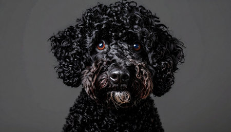 A classic studio portrait of an elegant black poodle. With its intelligent eyes fixed on the viewer and perfectly coiffed curly fur, this poised canine companion exudes a sense of quiet dignity and loyal friendship against a simple grey background.の素材