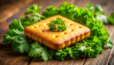 A single, golden-baked cracker rests on a vibrant bed of fresh parsley, its simple form highlighted by warm, inviting light. This close-up on a rustic wooden table evokes a sense of wholesome snacking, natural ingredients, and the quiet pleasure of a simple, savory treat.の素材