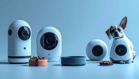 In a modern, connected home, a suite of smart pet technology stands ready. High-tech cameras monitor activity, automated feeders dispense meals, and an AI robotic companion provides company, ensuring beloved pets are safe, fed, and entertained even when their owners are away.の素材