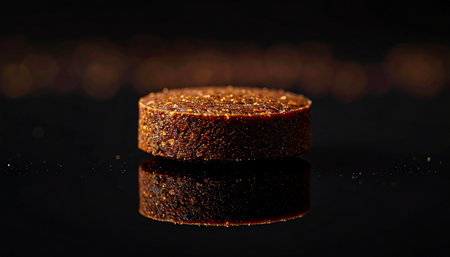 A perfectly formed puck of spent espresso grounds sits isolated on a sleek, reflective black surface. This minimalist composition highlights the rich texture and deep brown tones, symbolizing the culmination of the coffee-making ritual and the potential for sustainable reuse.の素材