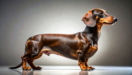 A stunning smooth-haired dachshund stands proudly in a classic profile pose, its glossy black and tan coat illuminated by dramatic studio lighting. This image captures the elegance, noble bearing, and unique physique of a purebred champion, representing concepts of pedigree, grooming, and animal excellence.の素材