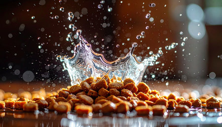 Experience a burst of natural refreshment as a crystal-clear splash of water collides with a mound of wholesome almonds. The dynamic motion and warm lighting create a powerful visual of health, energy, and premium quality.の素材